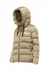 Beige pufferjack met een capuchon, voorzien van een gewatteerd ontwerp, een zwarte rits en koordaccenten bij de hals voor een verstelbare pasvorm.