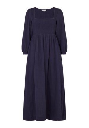 Dark navy dress with a square neckline, long puff sleeves, smocked bodice, and flowing skirt, made from soft, textured fabric.