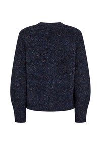 Donkerblauwe gezepte breisweater met lange mouwen en een ronde halslijn, van achteraf weergegeven.