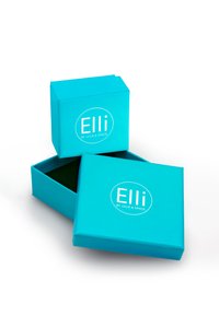 Türkisfarbene Geschenkbox mit einem weißen Logo "Elli by Julie & Grace." Die Box hat eine glatte Oberfläche und enthält ein grünes Innenleben.