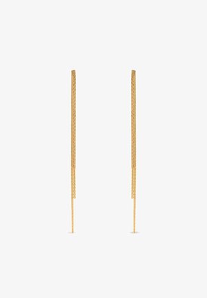 Boucles d'oreilles fines en chaîne d'or avec une texture de corde torsadée, suspendues verticalement sur un fond blanc.