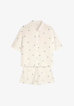 Bawełniany dwuczęściowy zestaw piżamowy z krótkim rękawem w kolorze ecru, z zapięciem na guziki i dopasowanymi szortami. Ma drobne niebieskie kwiatowe wzory.