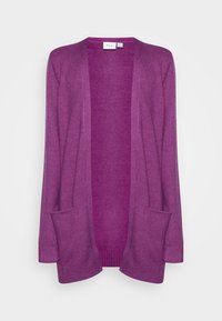 Dlouhý cardigan s otevřeným předním dílem v zářivě fialové látce. Obsahuje dvě přední kapsy a žebrované manžety. Měkká textura a uvolněný střih.