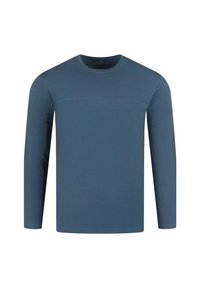 Koszulka z długim rękawem i okrągłym dekoltem w jednolitym, stonowanym odcieniu niebieskiego, z subtelnym poziomym szwem na górnej części klatki piersiowej i gładką teksturą materiału.