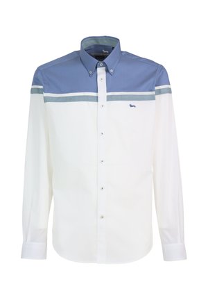 Langarmhemd mit blau-weißem Farbfeld-Design, Knopfleiste am Kragen und kleinem Logo auf der Brust. Hergestellt aus Baumwolle.