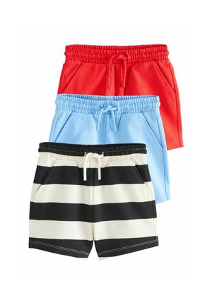 Three pairs of elastic waistband shorts with drawstrings: red, light blue, and black-and-white horizontal stripes.