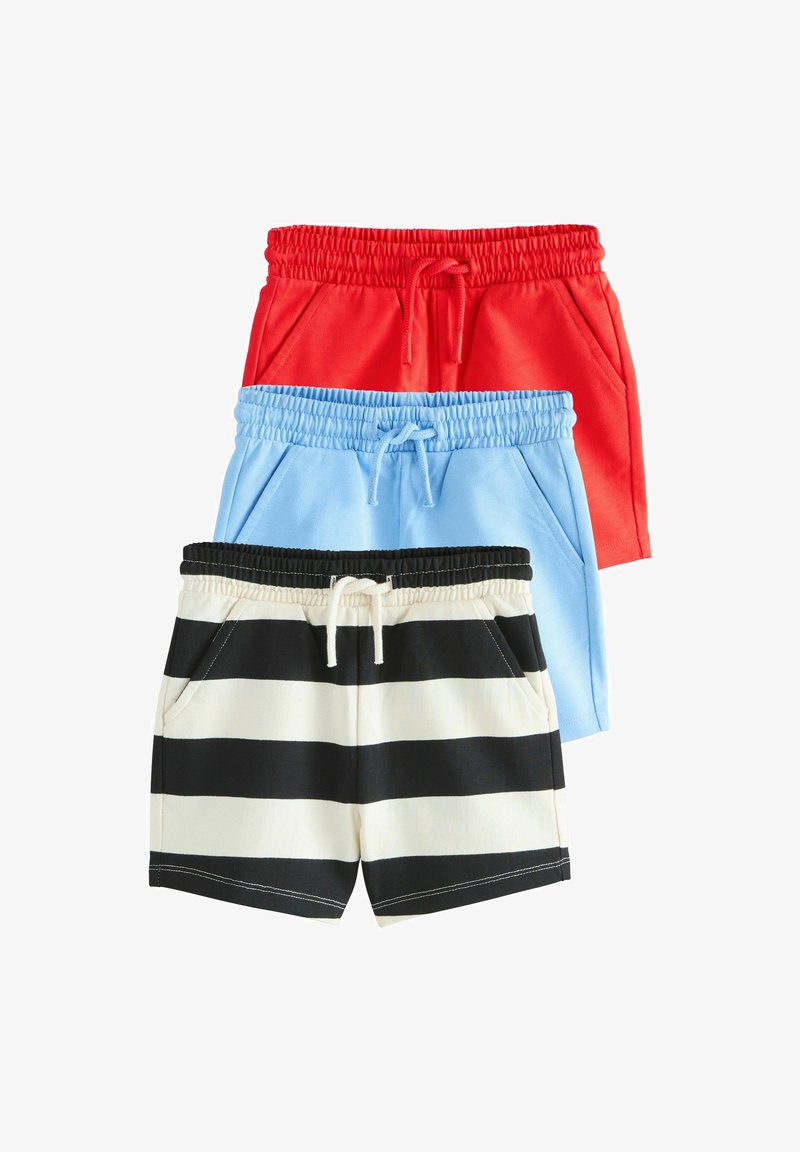 Trois paires de shorts à taille élastique avec cordons : rouge, bleu clair et rayures horizontales noir et blanc.