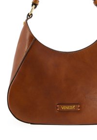 Sac à main en cuir marron de forme ovale, avec un logo "Venezia" doré, des coutures visibles et une texture lisse et polie.