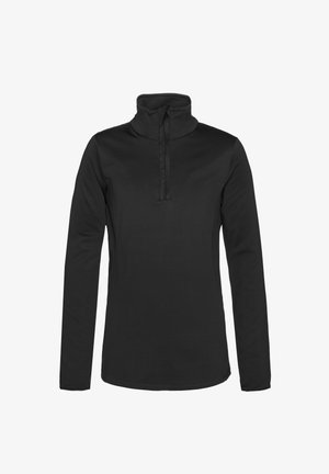 Čierny pulóver s dlhými rukávmi s vysokým golierom a predným polozipom. Vyrobený z mäkkej, hladkej tkaniny s elegantným, minimalistickým dizajnom.