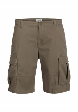 Pantalones cortos cargo marrones hasta la rodilla con dos grandes bolsillos laterales con solapa, trabillas para cinturón y cierre de botón en la cintura.