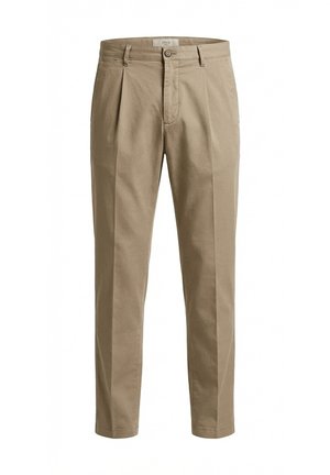 Pantaloni beige a vita alta con pieghe, passanti per cintura, chiusura con bottone e zip, gambe dritte e svasate.