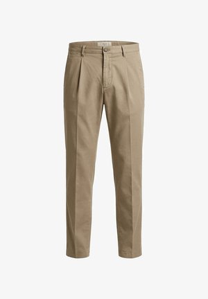 Pantaloni beige a vita alta con pieghe, passanti per cintura, chiusura con bottone e zip, gambe dritte e svasate.