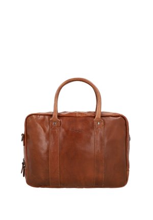 Mallette en cuir marron avec deux poignées, détails de sangles verticales et une fermeture éclair sur le côté, posée sur un fond blanc.