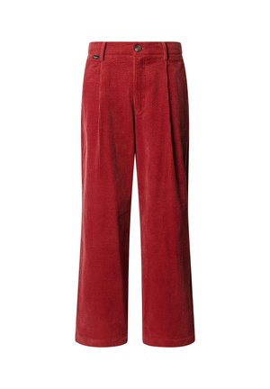 Rode corduroy broek met een wijde pijpontwerp, uitgerust met een sluiting met knoop aan de voorkant. De textuurstof met verticale ribbels voegt detail toe.