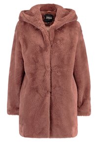 Hooded coat van zacht, vachtachtig materiaal, heeft een effen stofroze kleur, een sluiting aan de voorkant en een boxy silhoutte zonder zichtbare hardware.
