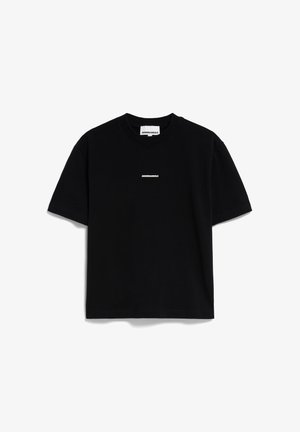 Maglietta nera in cotone a maniche corte, con un piccolo testo bianco del logo al centro. Design con scollo rotondo e vestibilità comoda.