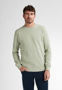 Sudadera verde claro con cuello redondo, que presenta una tela texturizada y un detalle salpicado mínimo. Manga larga y puños de canalé.