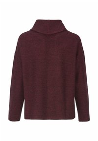 Bordeaux gebreide trui met een hoge kraag, ruime pasvorm, drop shoulders en textuurstof. Geen zichtbare branding of extra details.