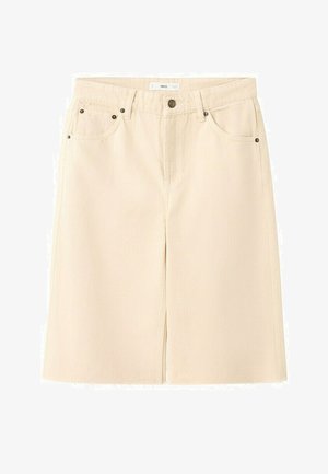 Beigen värinen polvipituinen farkkuhame, jossa edessä halkio, vyölenkit, nappikiinnitys ja viiden taskun malli metallinapeilla.