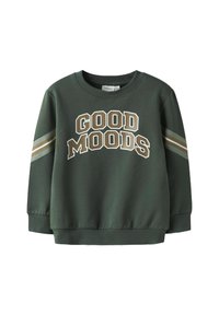 Grön sweatshirt i mjukt tyg med texten "GOOD MOODS" i fet vit och beige. Inklusive beiga ränder på ärmarna och ribbade muddar.