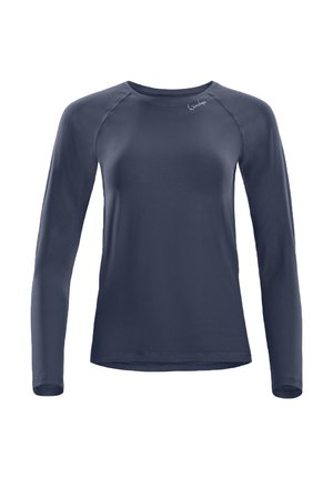 Long-sleeve, navy blue athletic shirt made of smooth, lightweight fabric. Features a round neckline and raglan sleeves for ease of movement.