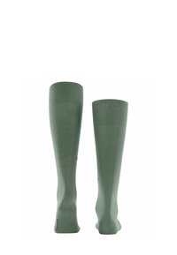 Un paio di calze alte fino al ginocchio di un verde attenuato, che mostrano una texture a coste e un design pulito, esposte in posizione verticale su uno sfondo bianco.