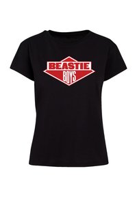Black cotton t-shirt featuring a large red graphic logo that reads "BEASTIE BOYS" in bold, white lettering within a diamond shape.