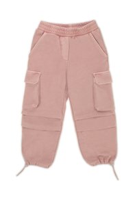 Pantaloni cargo in cotone rosa con vita elasticizzata, due tasche laterali e due tasche cargo. Polsini aderenti con lacci alle caviglie.