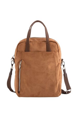 Tan suede backpack with a zip closure, dual top handles, and an adjustable brown strap. Features a front zip pocket and smooth texture.