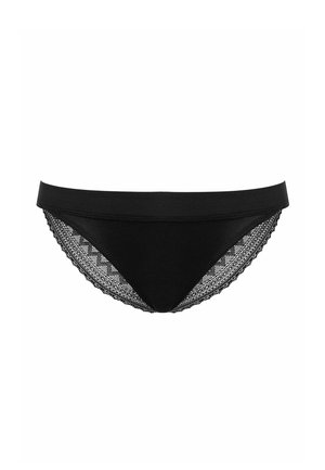 Zwarte bikini-style onderbroek met een gladde voorkant en kantdetails aan de achterkant, met een golvende rand en een low-rise tailleband.