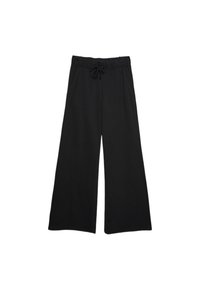 Schwarze weit geschnittene Hosen aus weichem Stoff, mit einem elastischen Bund und Kordelzug sowie seitlichen Taschen. Glatte Textur im gesamten Kleidungsstück.