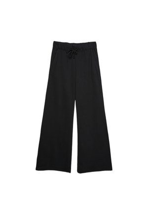 Schwarze weit geschnittene Hosen aus weichem Stoff, mit einem elastischen Bund und Kordelzug sowie seitlichen Taschen. Glatte Textur im gesamten Kleidungsstück.