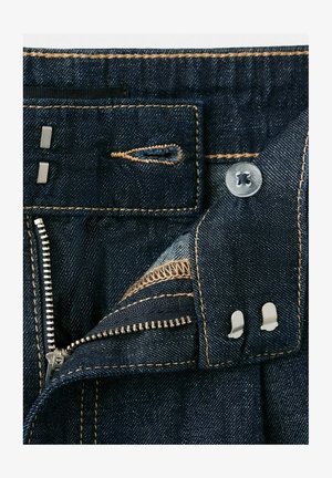Mørkeblå denimjeans med linning, oplyst metallynlås, knaplukning og dobbelte metalhægter med knaphulsbroderi.