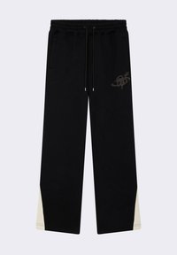 Sorte sweatpants med elastisk talje og snoretræk. Har sidelommer og en kontrasterende off-white accent ved sømmen. Logo-detalje synlig.