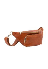 Marsupio in pelle color cuoio, dotato di un ampio scomparto principale con zip e di una tasca frontale più piccola con zip. Include una tracolla regolabile e dettagli in metallo dorato.