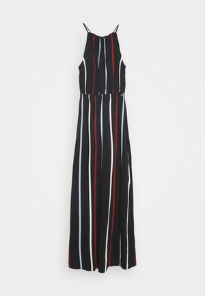 Sort langærmet kjole uden ærmer med tynde stropper og lodrette striber i rød, hvid og lyseblå.