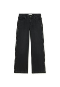 Black wide-leg jeans with silver studs running vertically along the outer seams and front pockets, button and zipper closure.