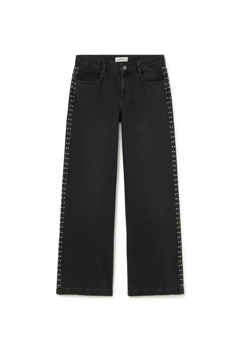 Black wide-leg jeans with silver studs running vertically along the outer seams and front pockets, button and zipper closure.