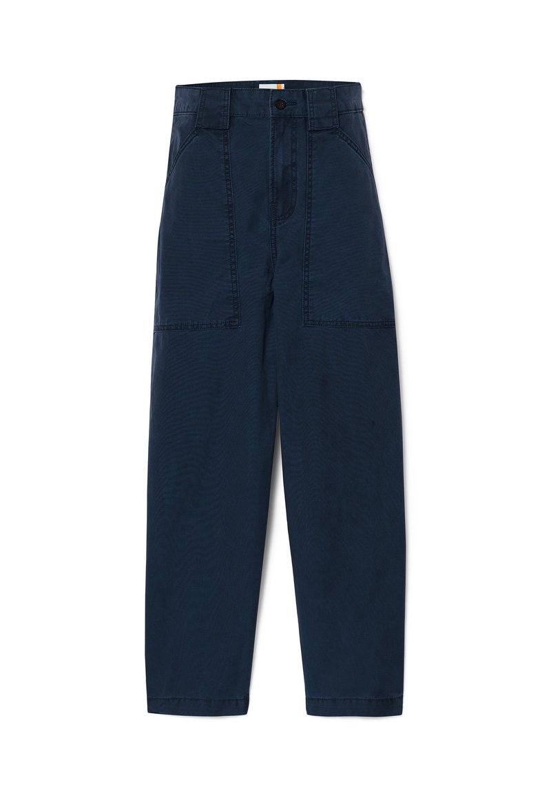 Marineblaue, hochtaillierte Hose mit geradem Schnitt, ausgestattet mit zwei großen Fronttaschen und einem dezenten strukturierten Stoff. Einfacher Knopfverschluss.
