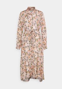 Robe longue en tissu doux à motif floral avec une base rose clair, manches longues, col et ceinture assortie à nouer à la taille.