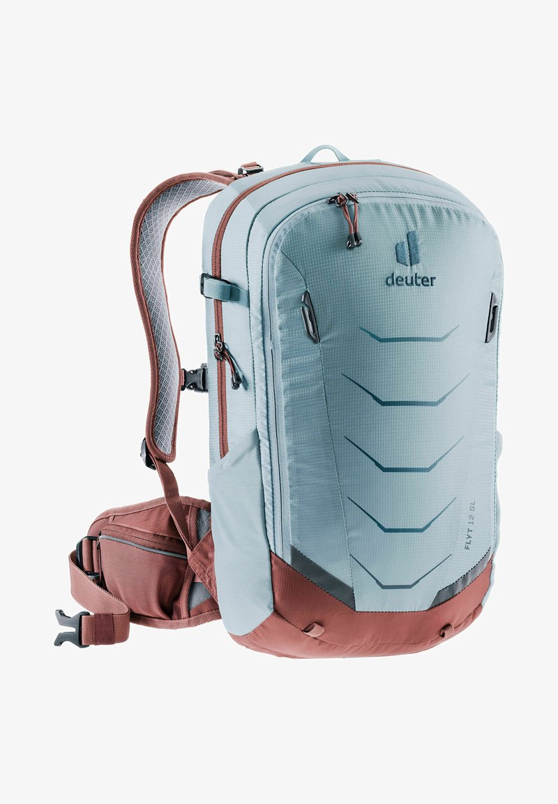 Light blue backpack with brown accents, a structured design, adjustable straps, front zippered pockets, and a textured material featuring diagonal lines.