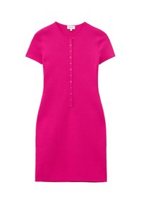 Robe rose vif à manches courtes avec un col rond et une rangée verticale de boutons au centre devant.