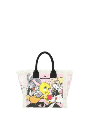 Borsa rosa con manici neri con i personaggi dei Looney Tunes Bugs Bunny, Tweety, Daffy Duck, Silvestro e Lola Bunny.