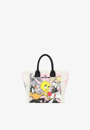 Borsa rosa con manici neri con i personaggi dei Looney Tunes Bugs Bunny, Tweety, Daffy Duck, Silvestro e Lola Bunny.