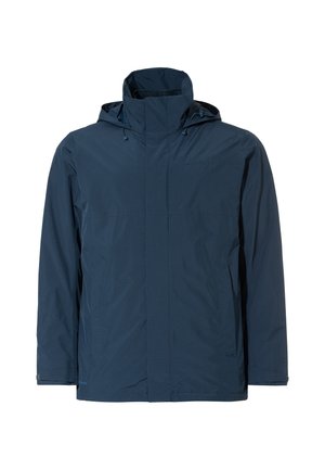 Marineblauer wasserdichter Parka mit hohem Kragen und verstellbare Kapuze. Mit durchgehendem Reißverschluss und Seitentaschen. Sanfte Textur, minimalistisches Design.