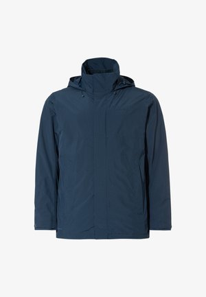 Marineblauer wasserdichter Parka mit hohem Kragen und verstellbare Kapuze. Mit durchgehendem Reißverschluss und Seitentaschen. Sanfte Textur, minimalistisches Design.