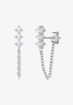Silver earrings featuring three clear, round gemstones in a linear arrangement with a delicate chain drop below.