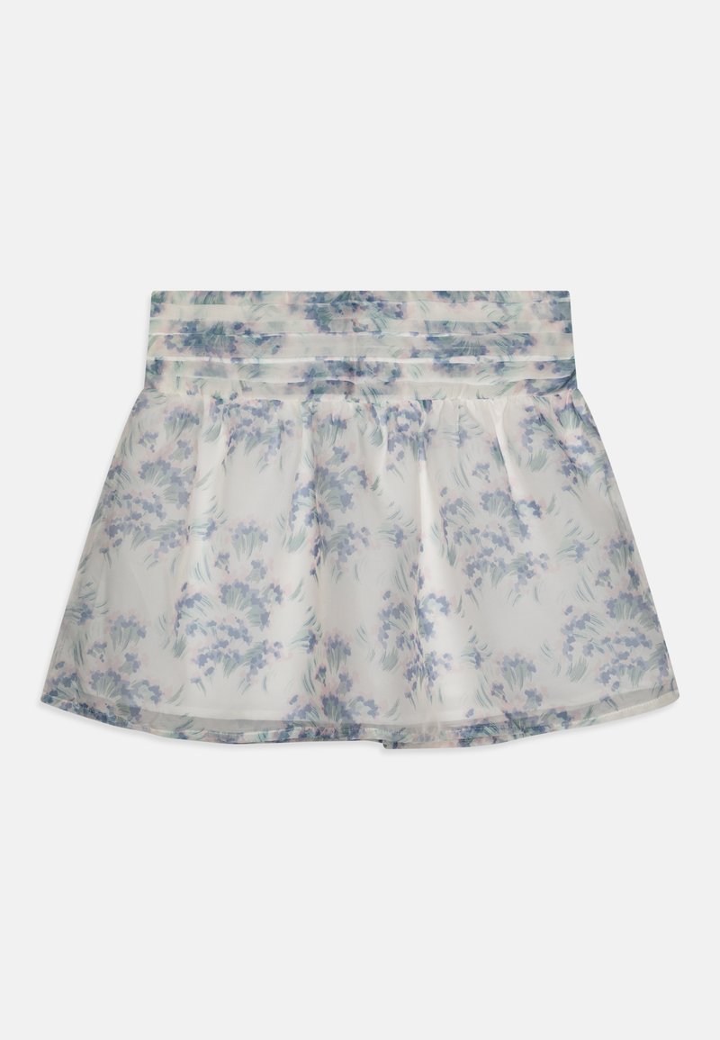 Rok met bloemmotief, gemaakt van doorschijnende stof met een zachte tailleband. Voornaamste kleur wit met pasteltinten blauw en groen. A-lijn model, geplooid ontwerp.