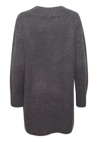 Siv krožnik, dolgimi rokavi, okroglo izrezan, mehak na otip, ohlapen kroj, subtilen rebrast vzorec, zadnji pogled, rahlo podaljšan rob.
