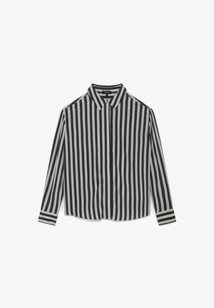 Langsleeve overhemd met knopen in een zwart en crèmekleurig gestreept patroon. Beschikt over een puntige kraag en contrasterende gestreepte manchetten. Soepele stoftextuur.